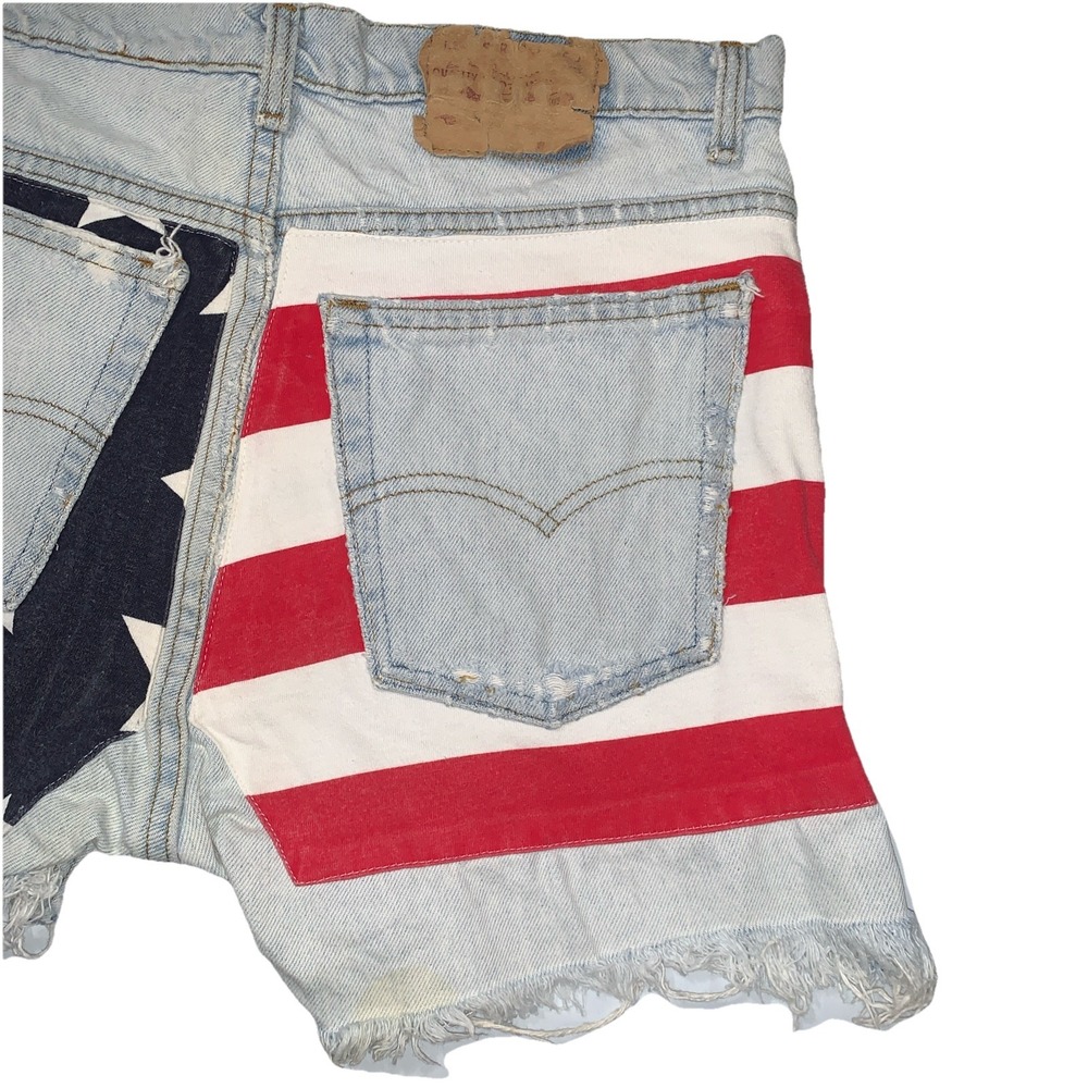 VTG Levis USA Flag Reworked High Rise Cut Off frayed Denim Shorts Distressed 30" - Picture 4 of 13